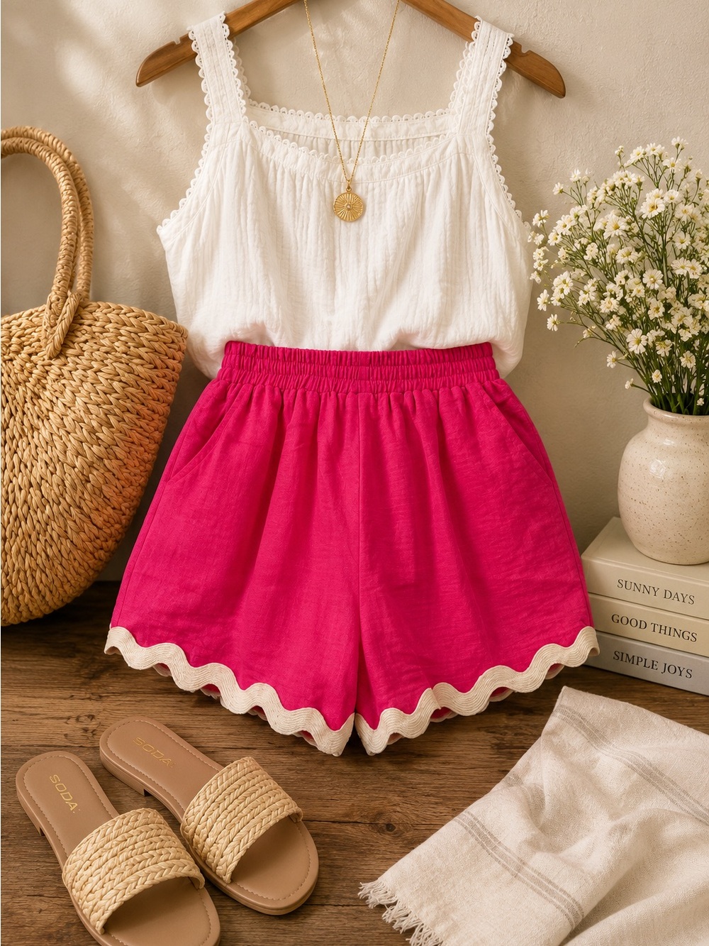 NWT Entro Hot Pink Scalloped-Hem Ric Rac High Waist Shorts Sz S M L